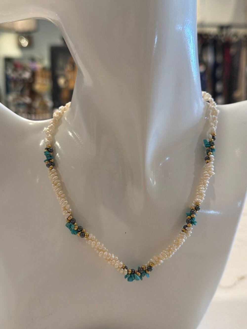 Freshwater Pearl Turquoise Beaded Necklace Gold-Tone Accents One Size